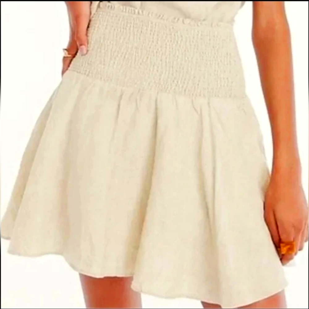 J Crew 100% Linen Smocked Waist Mini Skirt Flax Sz XXS EUC